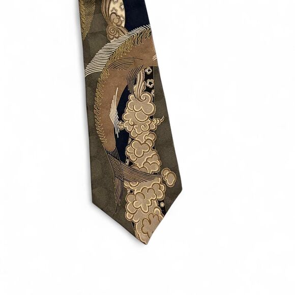 Givenchy Vintage Silk Tie Japanese Koi Fish Tai Sea Bream Olive Green Luxury